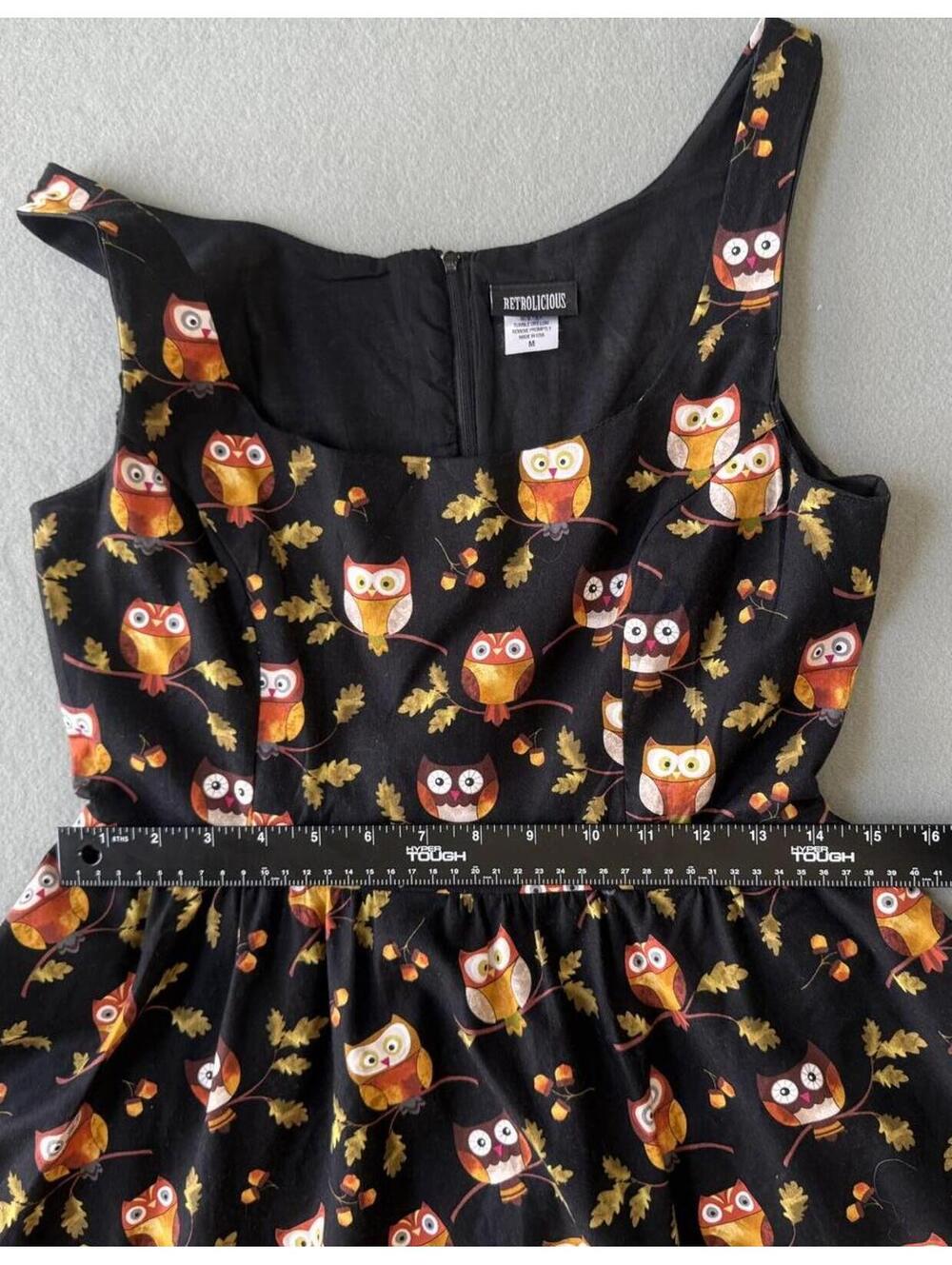 Retrolicious Owl Print Sleeveless Fit & Flare Dress Size M Black Cotton Pockets - Picture 8 of 15